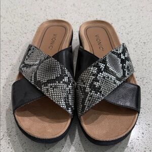 Vionic Black and Gray Snake-Print Crossover Slide Sandals